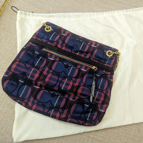 COACH Poppy Tartan C Signature Navy/Pink Plaid Shoulder Bag/Tote - Picture 6 of 6